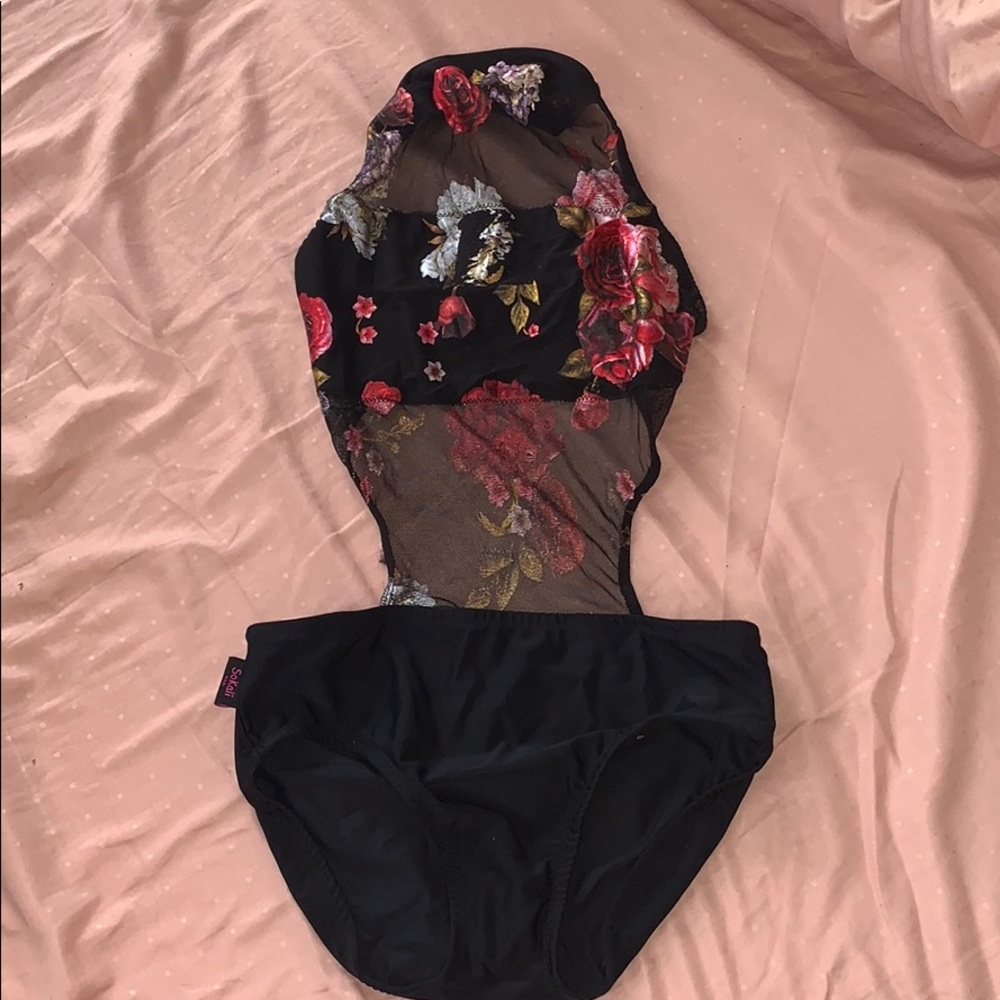 So Kali Black and Floral Mesh Leotard